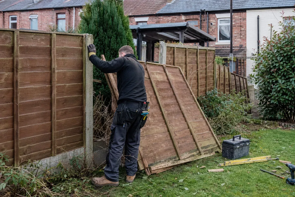 Damaged garden fence being repaired in Stafford